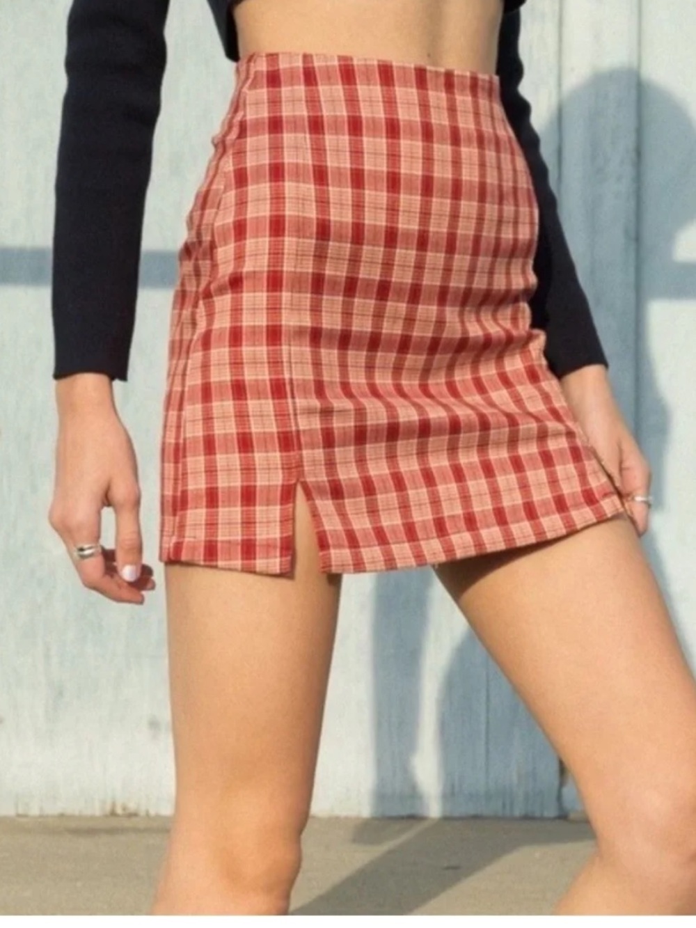 Brandy Melville Cara Glen Red Plaid High Waist Side Slit Lightweight Mini Skirt
